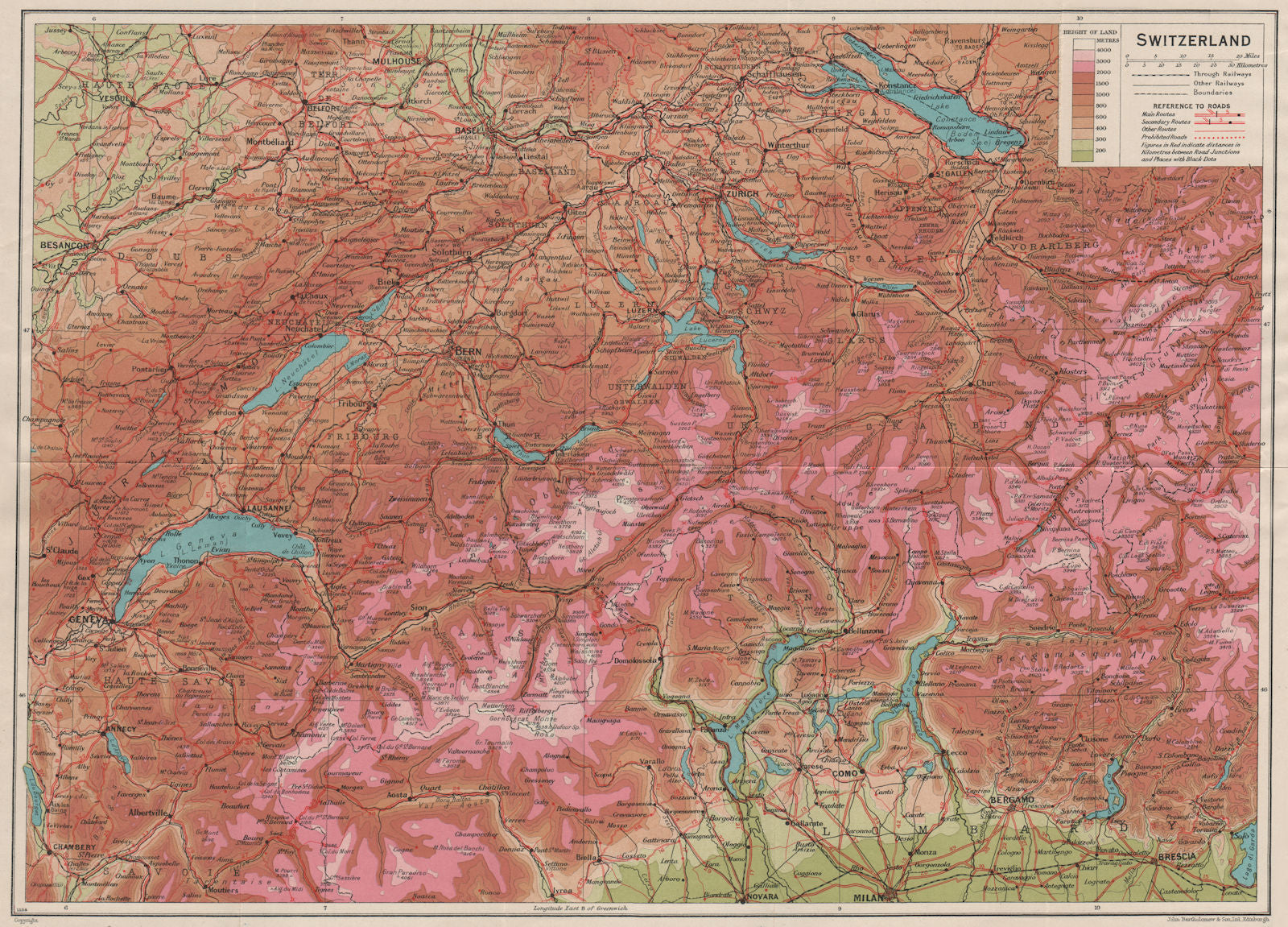 SWITZERLAND RELIEF. Vintage map plan. Roads. Suisse Schweiz 1930 old